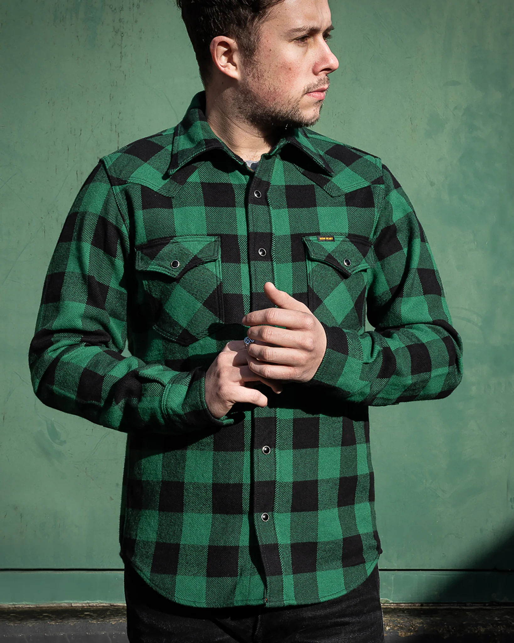 Ultra Heavy Flannel Buffalo Check Western Shirt - Green/Black - Image 4